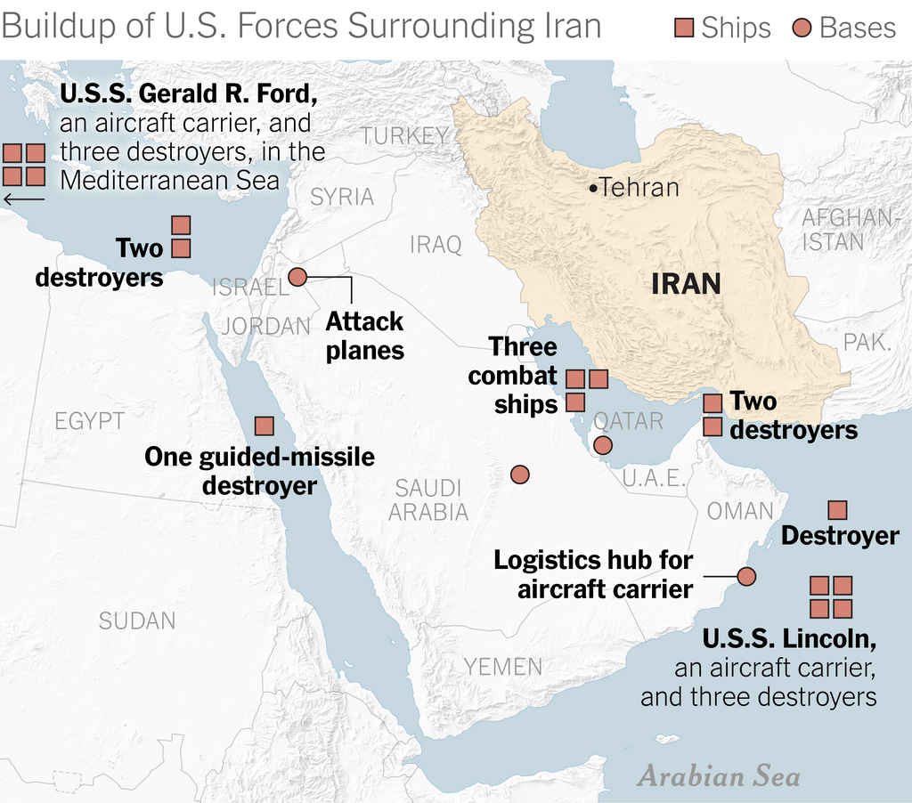 Note: Some U.S. ship locations are approximate. Source: New York Times reporting and analysis of satellite imagery, ship- and flight-tracking data. The New York Times